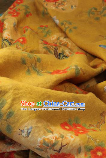 Asian Qipao Dress Cloth Chinese Traditional Printing Peony Birds Pattern Yellow Flax Fabric Linen Drapery