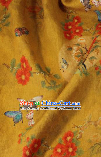 Asian Qipao Dress Cloth Chinese Traditional Printing Peony Birds Pattern Yellow Flax Fabric Linen Drapery