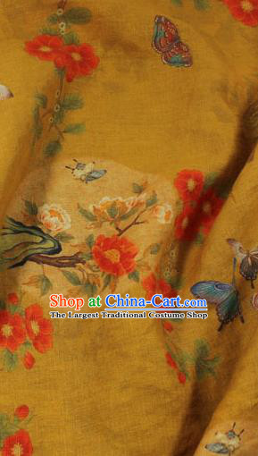 Asian Qipao Dress Cloth Chinese Traditional Printing Peony Birds Pattern Yellow Flax Fabric Linen Drapery