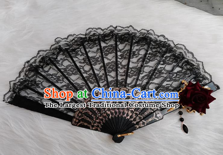 Classical Red Rose Flower Fan Handmade Retro Folding Fans Europe Court Black Lace Accordion