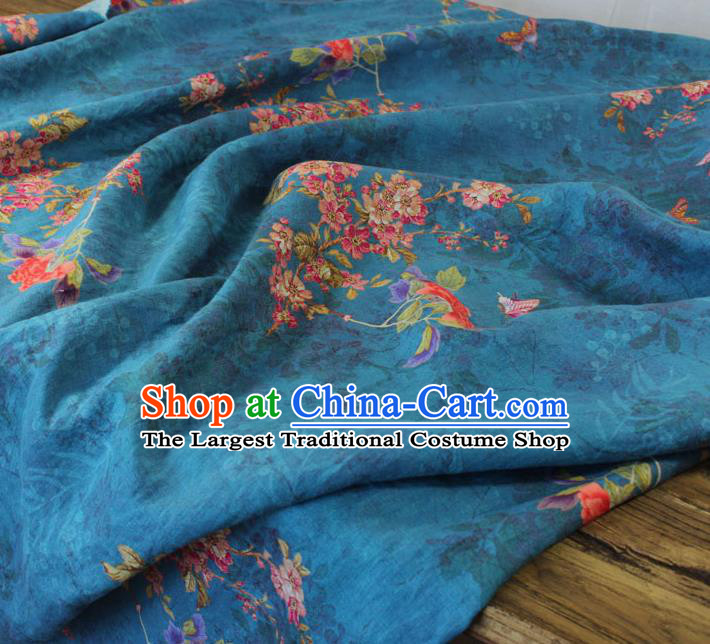 Asian Flax Fabric Qipao Dress Cloth Chinese Traditional Printing Begonia Pattern Blue Linen Drapery