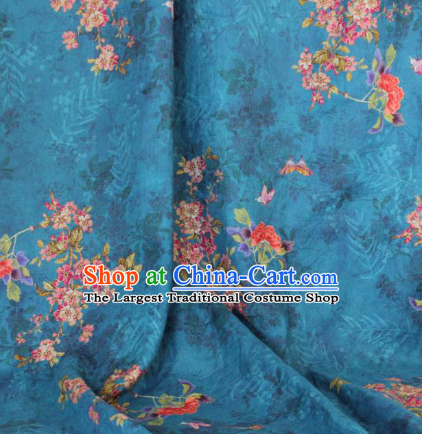Asian Flax Fabric Qipao Dress Cloth Chinese Traditional Printing Begonia Pattern Blue Linen Drapery