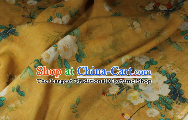 Chinese Printing Rose Flowers Pattern Yellow Ramine Qipao Dress Cloth Flax Fabric Asian Traditional Linen Drapery