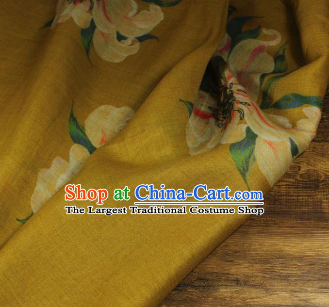 Chinese Printing Lily Flowers Pattern Qipao Dress Flax Cloth Asian Traditional Linen Drapery Yellow Ramine Fabric