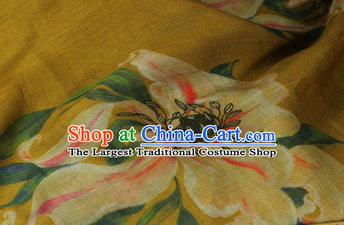 Chinese Printing Lily Flowers Pattern Qipao Dress Flax Cloth Asian Traditional Linen Drapery Yellow Ramine Fabric