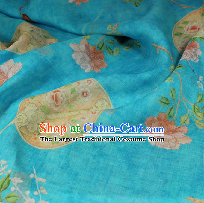 Chinese Printing Peony Pattern Blue Ramine Fabric Asian Traditional Linen Drapery Qipao Dress Flax Cloth