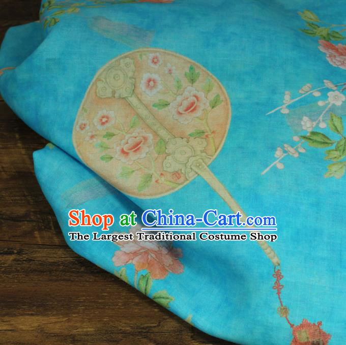 Chinese Printing Peony Pattern Blue Ramine Fabric Asian Traditional Linen Drapery Qipao Dress Flax Cloth