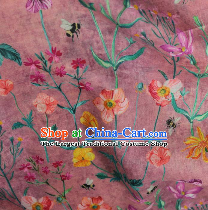Asian Chinese Traditional Linen Drapery Qipao Dress Flax Cloth Printing Flowers Pattern Magenta Ramine Fabric