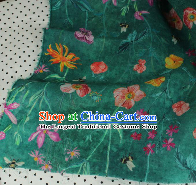 Chinese Traditional Green Linen Drapery Asian Qipao Dress Flax Cloth Printing Flowers Pattern Ramine Fabric