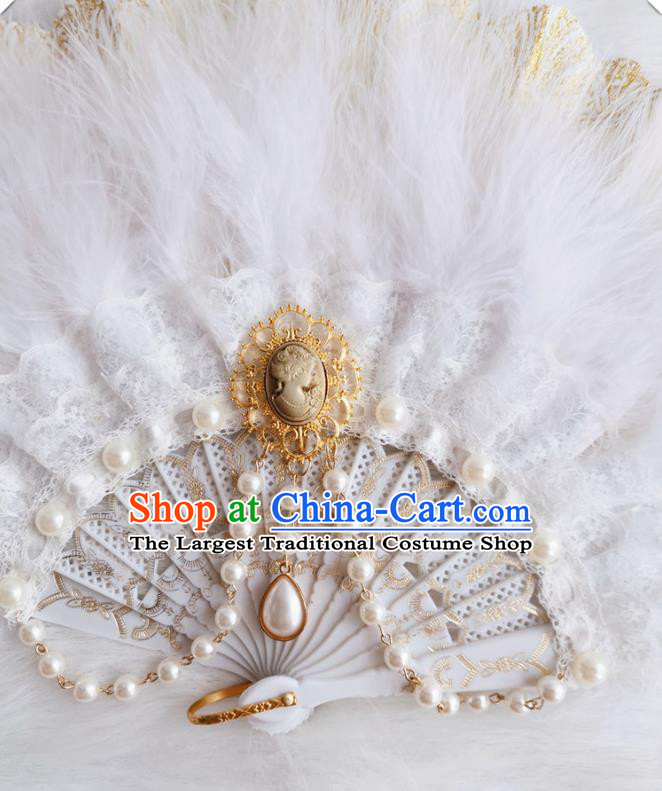 Classical Europe Court White Lace Fan Handmade Retro Folding Fans Renaissance Accordion