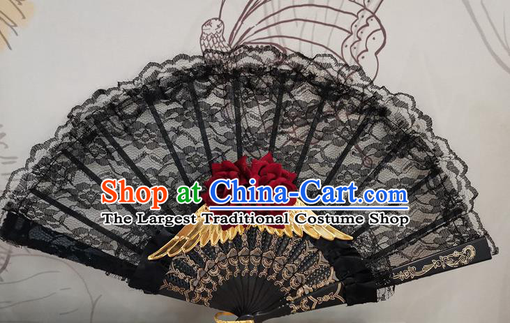 Classical Retro Black Lace Fan Handmade Dance Folding Fans Europe Court Red Rose Accordion