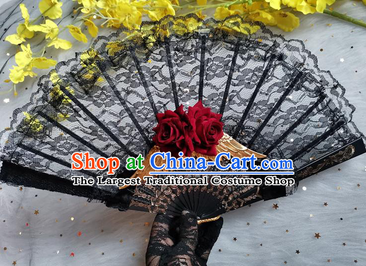 Classical Retro Black Lace Fan Handmade Dance Folding Fans Europe Court Red Rose Accordion