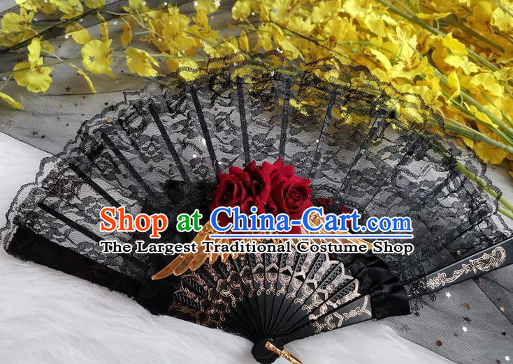 Classical Retro Black Lace Fan Handmade Dance Folding Fans Europe Court Red Rose Accordion