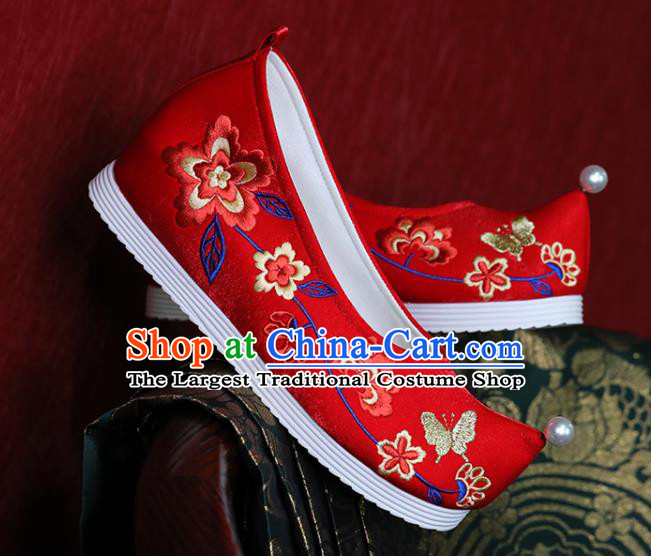 China Red Cloth Hanfu Shoes Embroidered Shoes Tang Dynasty Princess Shoes Handmade Wedding Shoes