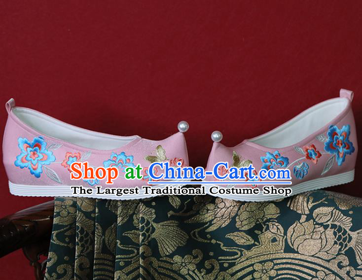 China Tang Dynasty Princess Shoes Handmade Wedding Shoes Pink Cloth Hanfu Shoes Embroidered Shoes