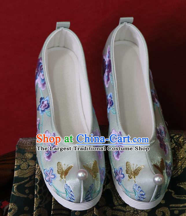 China Light Green Cloth Hanfu Shoes Embroidered Shoes Tang Dynasty Princess Shoes Handmade Wedding Shoes
