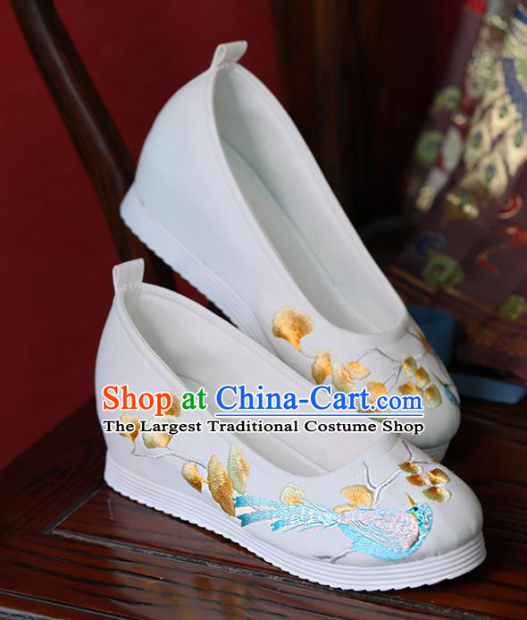 China Princess Shoes Handmade Cloth Shoes Embroidered Ginkgo Bird White Shoes Hanfu Shoes