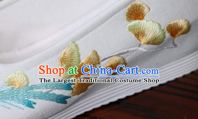 China Princess Shoes Handmade Cloth Shoes Embroidered Ginkgo Bird White Shoes Hanfu Shoes