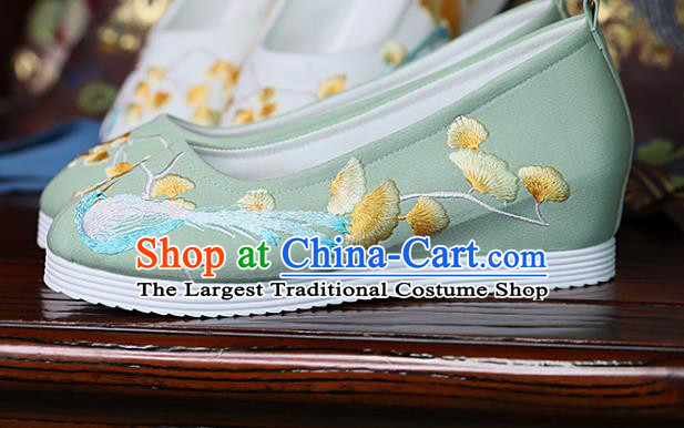 China Handmade Green Cloth Shoes Princess Shoes Hanfu Shoes Embroidered Ginkgo Bird Shoes