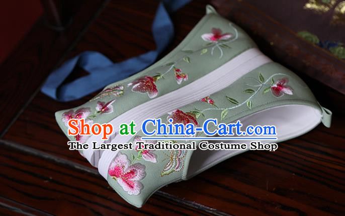 China Hanfu Shoes Princess Shoes Embroidered Butterfly Flowers Shoes Green Cloth Shoes Handmade Bow Shoes