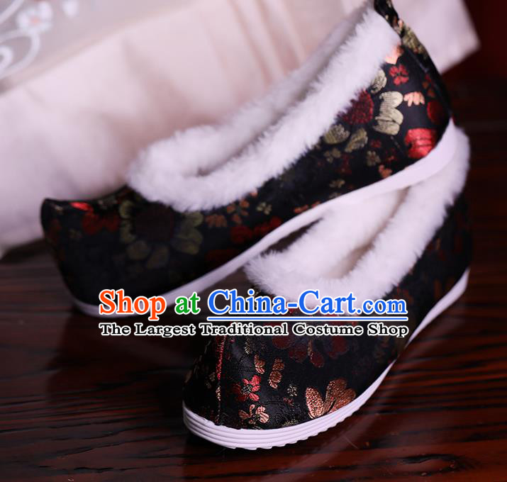 China Black Brocade Shoes Hanfu Shoes Ming Dynasty Princess Shoes Handmade Winter Shoes