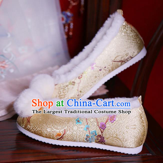China Ming Dynasty Princess Shoes Golden Brocade Shoes Hanfu Shoes Handmade Winter Shoes