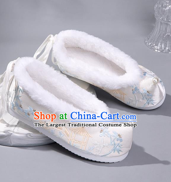 China Ancient Embroidered Bamboo Pavilion Bow Shoes Ming Dynasty Princess Shoes White Satin Shoes Handmade Winter Shoes Hanfu Pearl Shoes