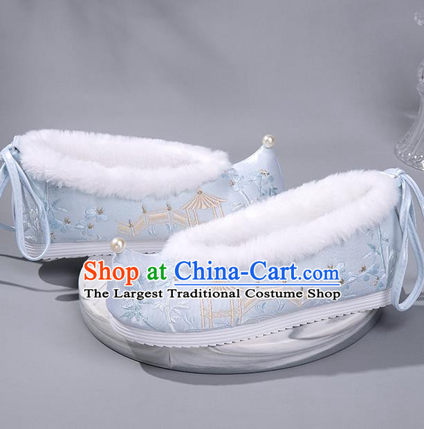 China Hanfu Pearl Shoes Ancient Embroidered Bamboo Pavilion Bow Shoes Ming Dynasty Princess Shoes Handmade Winter Shoes Blue Satin Shoes