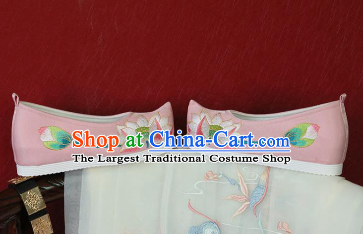 China Embroidered Lotus Shoes Handmade Pink Satin Shoes Song Dynasty Princess Shoes Hanfu Shoes