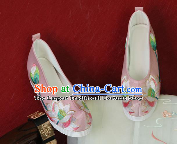 China Embroidered Lotus Shoes Handmade Pink Satin Shoes Song Dynasty Princess Shoes Hanfu Shoes