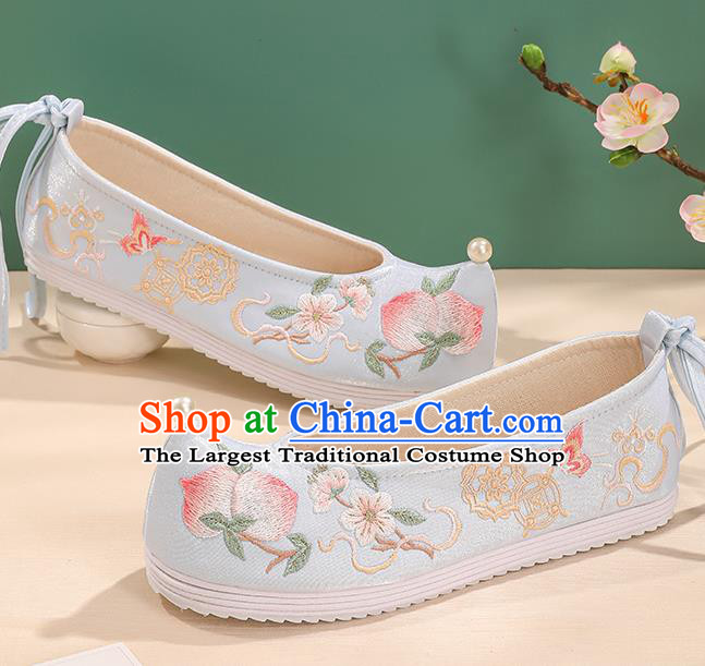 China Handmade Embroidered Peach Shoes Bride Shoes Hanfu Shoes Princess Shoes Light Blue Bow Shoes