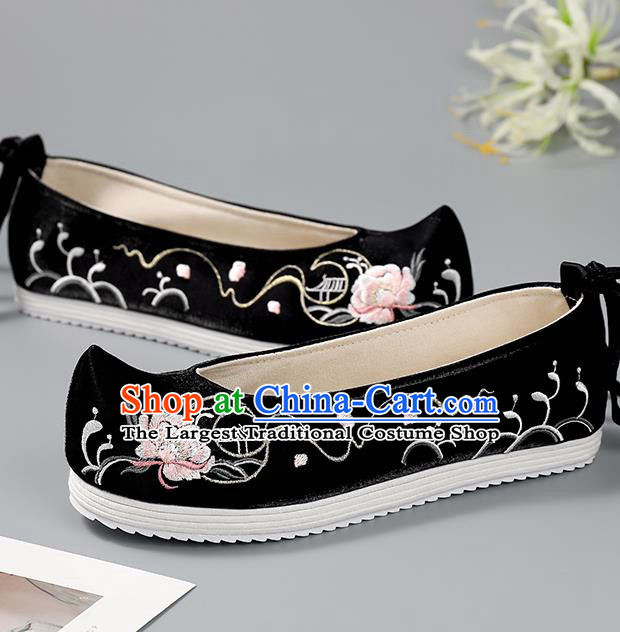 China Handmade Cloth Shoes Ancient Princess Bow Shoes Traditional Hanfu Shoes Black Embroidered Shoes