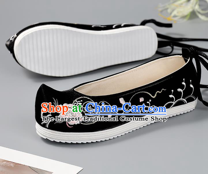 China Handmade Cloth Shoes Ancient Princess Bow Shoes Traditional Hanfu Shoes Black Embroidered Shoes