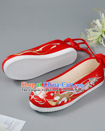 China Traditional Red Hanfu Shoes Ming Dynasty Princess Shoes Embroidered Flowers Shoes Wedding Shoes