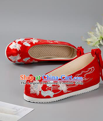 China Bride Shoes Traditional Embroidered Lotus Fishes Shoes Hanfu Shoes Handmade Red Cloth Shoes Wedding Shoes