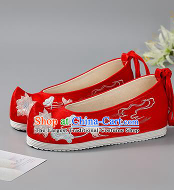 China Bride Shoes Traditional Embroidered Lotus Fishes Shoes Hanfu Shoes Handmade Red Cloth Shoes Wedding Shoes