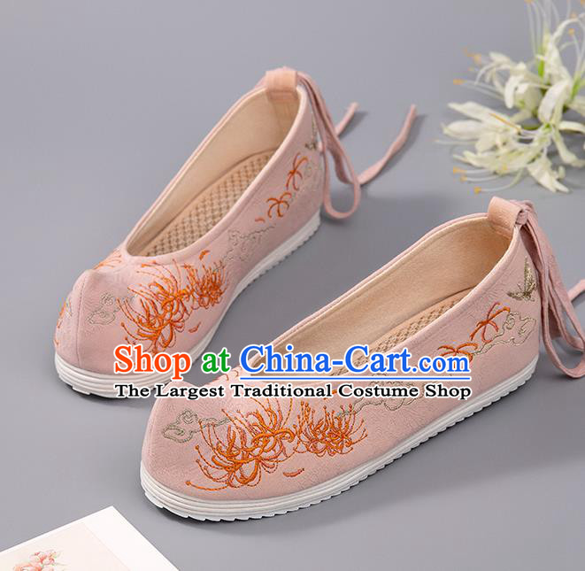 China Ancient Princess Shoes Embroidered Manjusaka Shoes Handmade Cloth Shoes Hanfu Pink Shoes