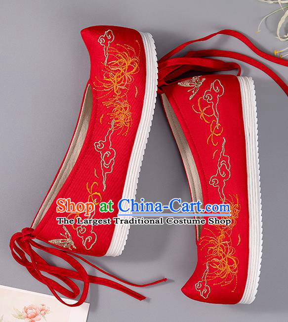 China Wedding Shoes Ancient Princess Shoes Embroidered Manjusaka Shoes Handmade Red Cloth Shoes Hanfu Bride Shoes