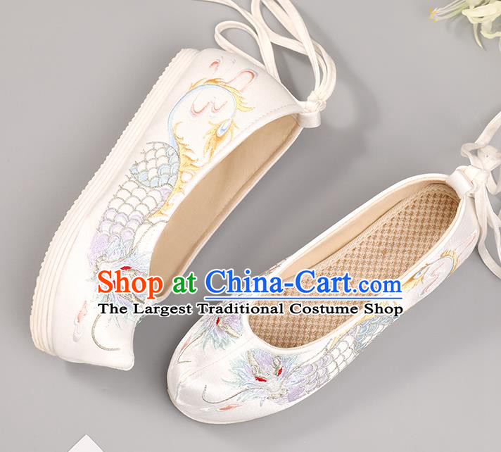 Handmade China Classical Dragon Pattern Embroidered Shoes Hanfu Shoes National Shoes Traditional White Cloth Shoes