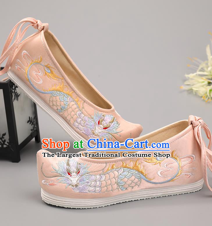 China Handmade Hanfu Shoes National Shoes Traditional Pink Cloth Shoes Classical Dragon Pattern Embroidered Shoes