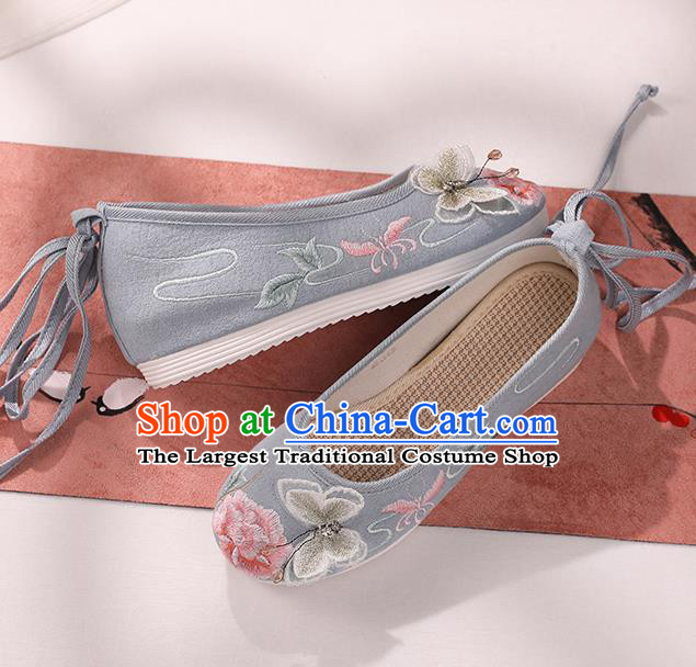 Top National Blue Shoes China Handmade Embroidered Butterfly Peony Shoes Traditional Cloth Shoes Hanfu Shoes