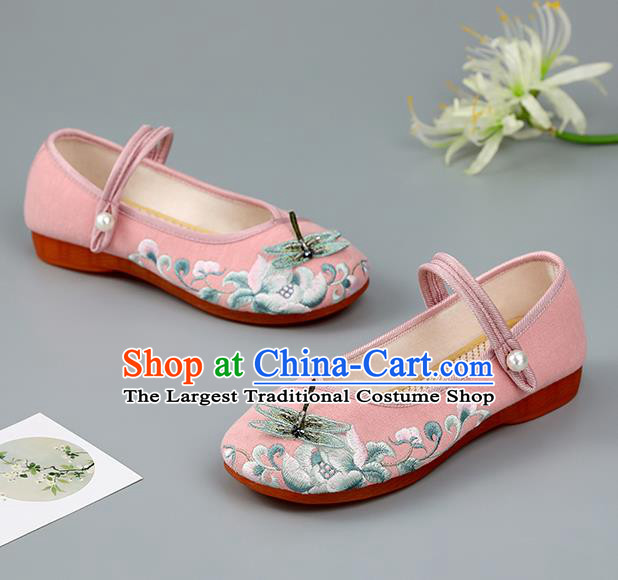 China Pink Cloth Shoes Embroidered Dragonfly Shoes Traditional Hanfu Shoes Handmade Shoes