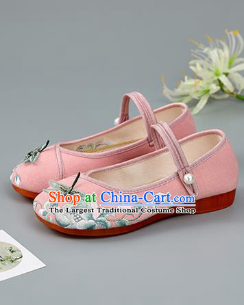China Pink Cloth Shoes Embroidered Dragonfly Shoes Traditional Hanfu Shoes Handmade Shoes