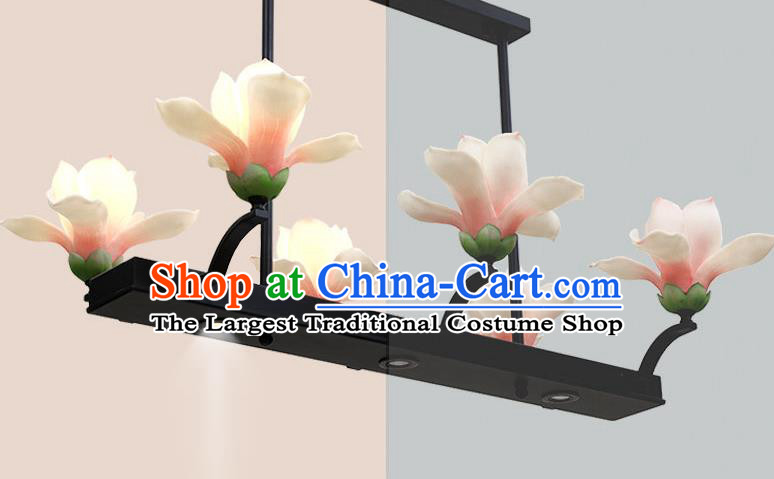 Traditional Chinese Classical Lanterns Pink Magnolia Ceiling Lamp Handmade Dining Room Lantern Iron Art Six Pieces Light Lamp