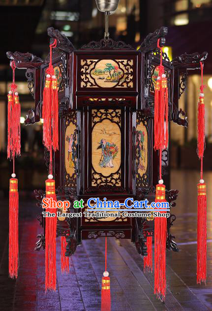 Chinese Classical Eight Immortals Wood Lanterns Traditional Hanging Lamp Handmade Hexagon Palace Lantern New Year Yellow Lantern