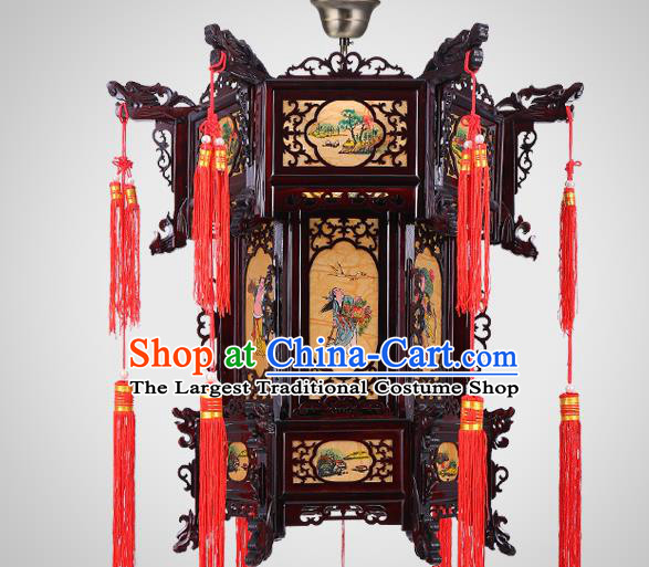 Chinese Classical Eight Immortals Wood Lanterns Traditional Hanging Lamp Handmade Hexagon Palace Lantern New Year Yellow Lantern