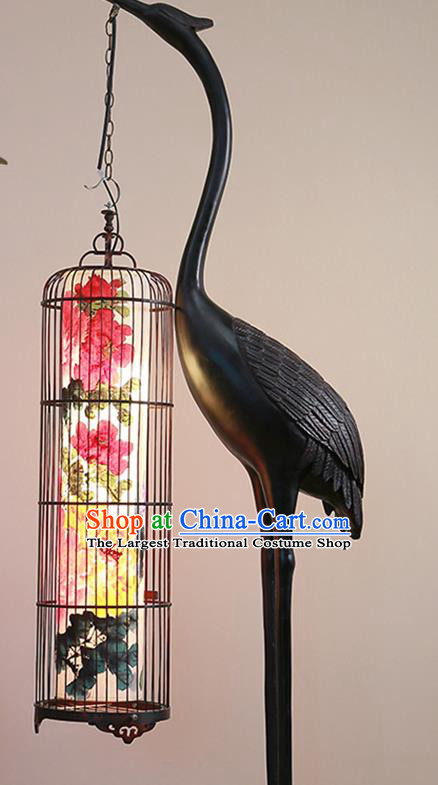 China Handmade Painting Peony Birdcage Lantern Traditional Home Decorations Iron Art Crane Floor Lamp
