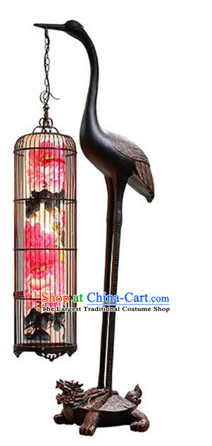 China Handmade Painting Peony Birdcage Lantern Traditional Home Decorations Iron Art Crane Floor Lamp