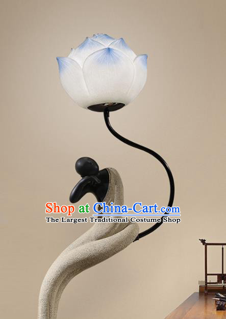 China Handmade Traditional Home Decorations Iron Art Floor Lamp Meditation Blue Lotus Lantern