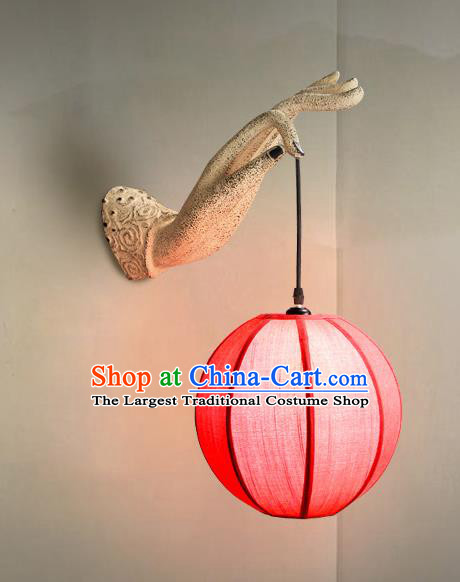 China Traditional Corridor Lantern Home Decorations Handmade Red Cloth Lanterns Stone Carving Buddha Hand Wall Lamp